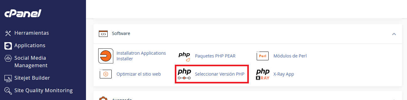 Seleccionar versión PHP